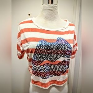 Crop top 90s inspired, coral & white stripes + metallic lips print. New no tag